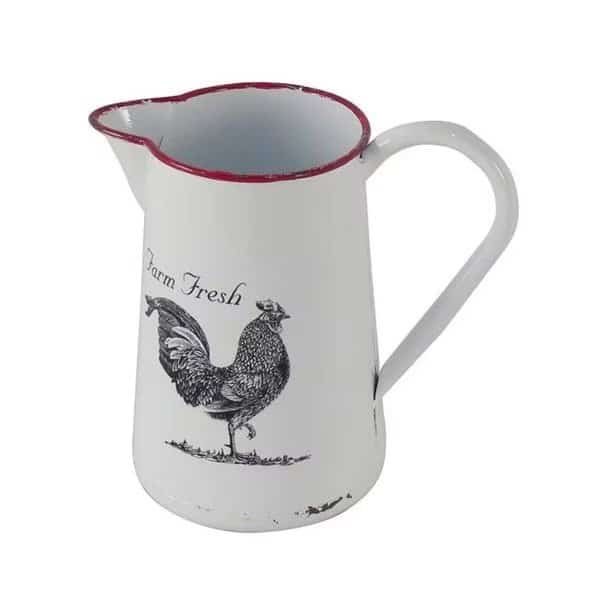 Cheungs 5021 White Lacquered Metal Pitcher Decor with Chicken Decal