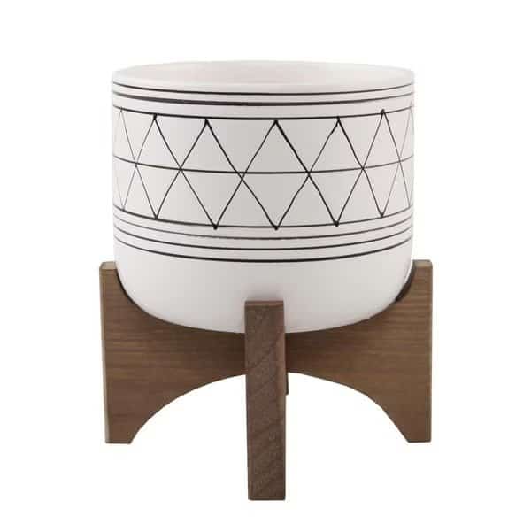 5 in White  Black Geometric with Wood Stand Planter