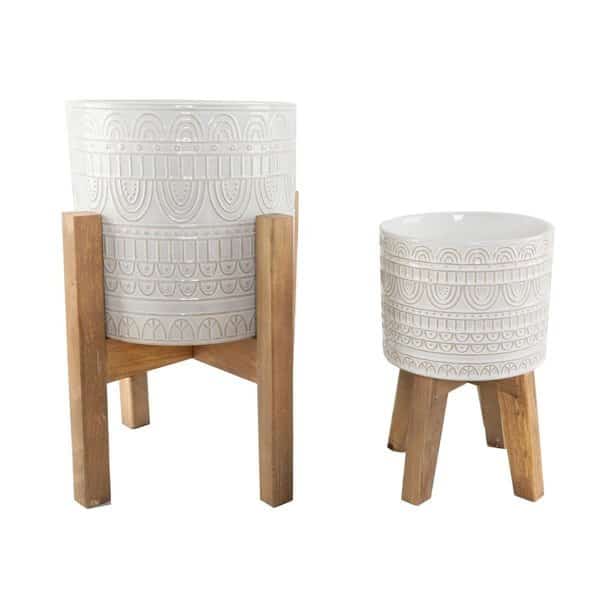 10 in  8 in Aqueduct Ceramic Planter on Wood Stand Ivory Set of 2