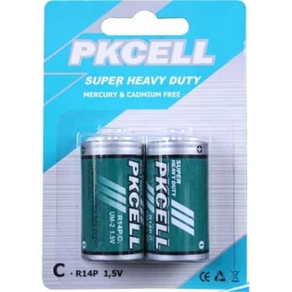 Pkcell R14P-2B 1.5V Heavy Duty C Size Zinc Chloride Battery; Pack of 2