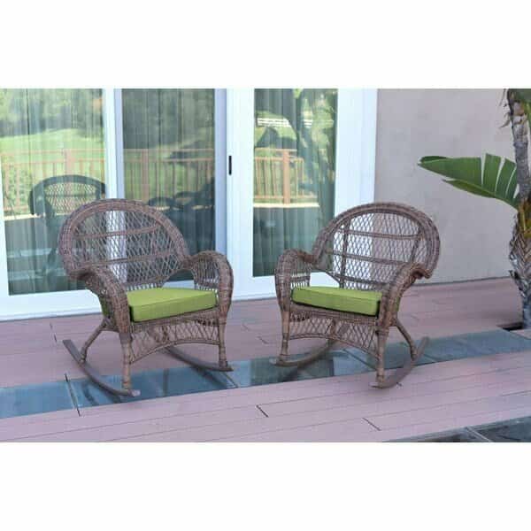 W00210-R-2-FS029 Santa Maria Honey Wicker Rocker Chair with Green Cushion, 2PK