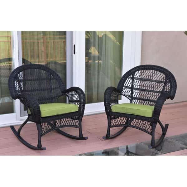 W00211-R-2-FS029 Santa Maria Black Wicker Rocker Chair with Green Cushion