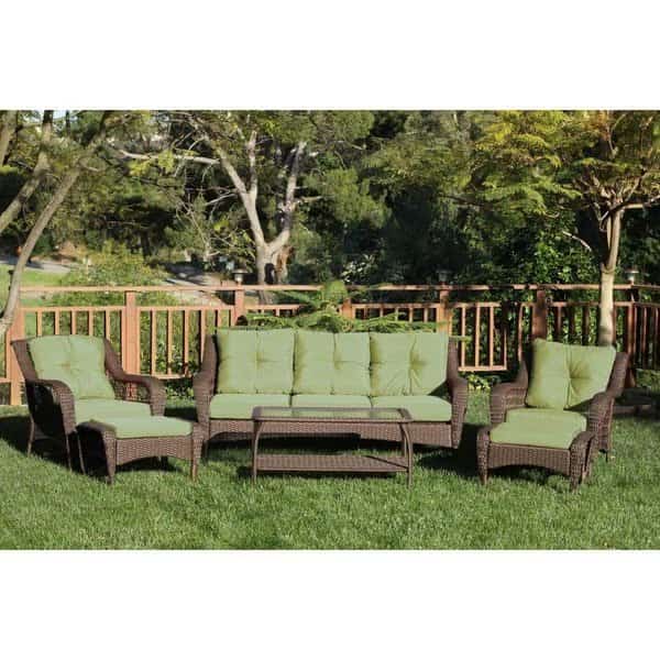 6 Piece Wicker Seating Set with Green Cushion