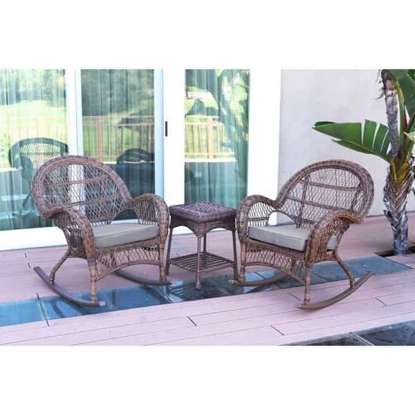 W00210-2-RCES033 Santa Maria Honey Rocker Wicker Chair Set, Steel Blue Cushions - 3 Piece
