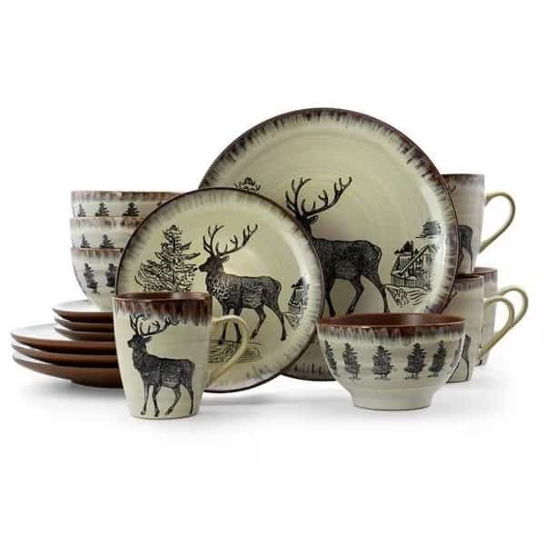 Elama EL-MAJESTICELK16 Majestic Elk Luxurious Stoneware Dinnerware with Complete Set - 16 Piece