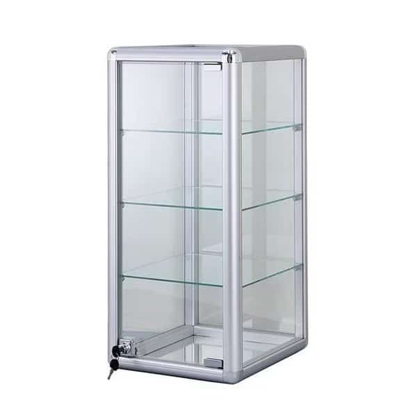 AMKO F-1302 14 x 27 in. Glass Countertop Showcase Tower Display Case; Silver