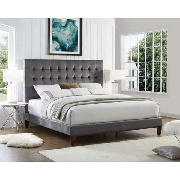 Blake Velvet Button Tufted Platform Bed King Size - Grey