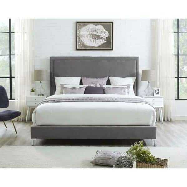 Tristan Velvet Nailhead Trim Platform Bed King Size - Grey