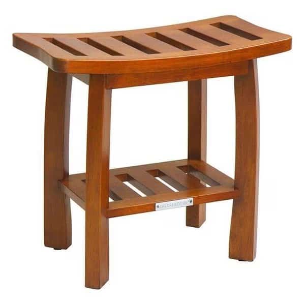 Solid Wood Spa Shower Bench with Storage Shelf; Teak