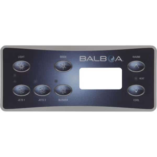 7-Button Spa Side Overlay - Light; Mode; Jets 1; Jets 2; Blower; Warm; Cool