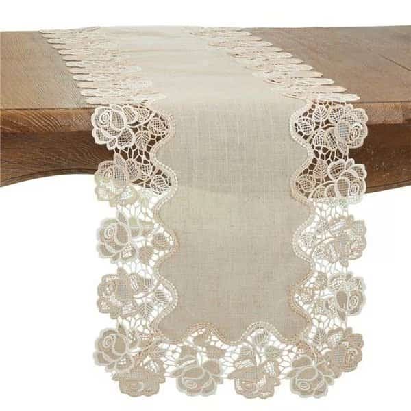 Saro 7082.N16108B 16 x 108 in. Lace Rose Border Oblong Table Runner; Natural