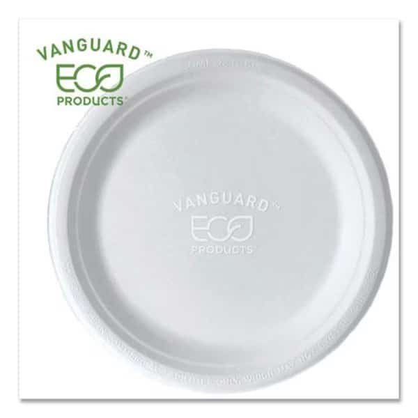 9 in. Vanguard Renewable & Compostable Sugarcane Plates, White