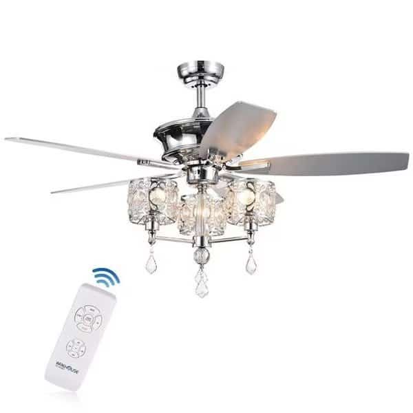 Warehouse of Tiffany CFL-8329REMO-CH 52 in. Miramis 5-Blade Lighted Ceiling Fan with Crystal Chalice Chandelier; Silver Chrome