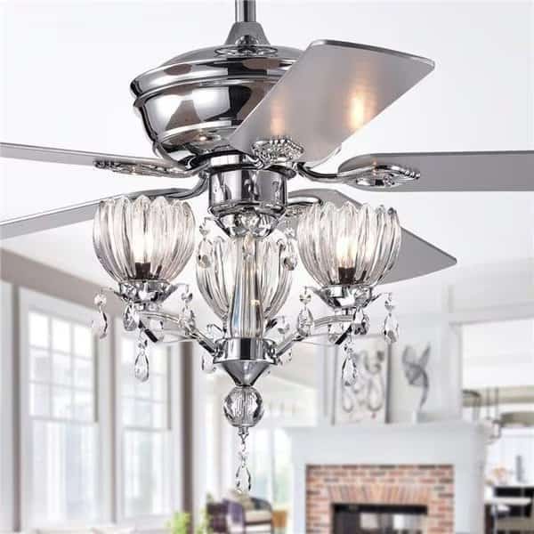 Warehouse of Tiffany CFL-8394REMO-CH 52 in. Fendal 3-Light Lighted Ceiling Fan with Flower Cup Crystal Shades; Chrome