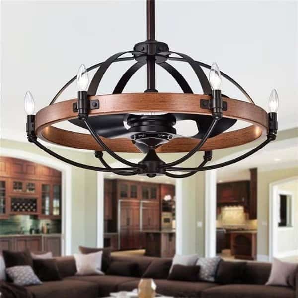 Warehouse of Tiffany CFL-8375REMO 30 in. Gredis 6-Light Lighted Ceiling Fan Fandelier with Faux-Wood Hoop; Black