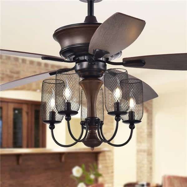 Warehouse of Tiffany CFL-8412REMO-IW 52 in. Slatin 5-Light Lighted Ceiling Fan with Mesh Shade Candelabra Chandelier; Faux Wood & Black