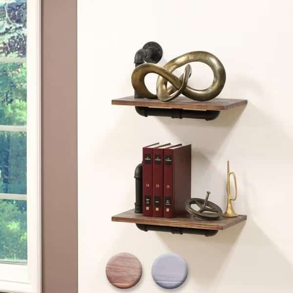 Dupliro Paired Weathered Wood & Black Pipe Wall Shelves- Brown