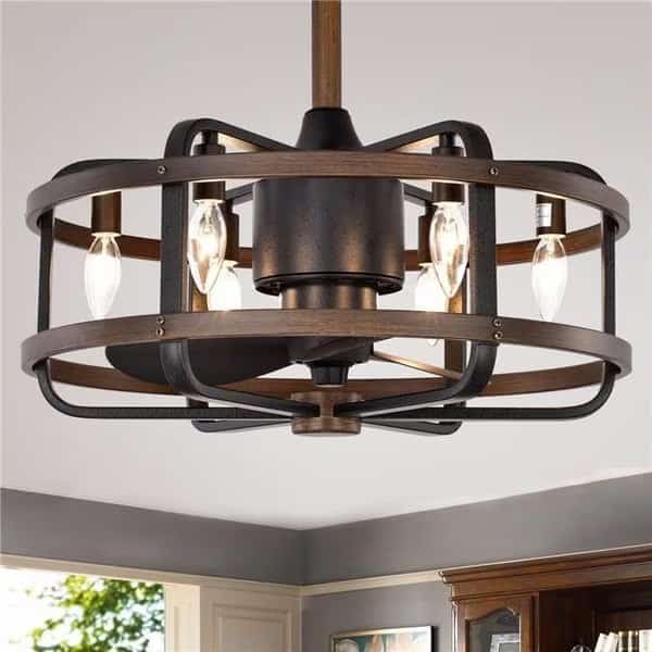 Warehouse of Tiffany CFL-8477S-IGW Carbon Loft Youngberg 3-Blade Fandelier with Caged Metal Wood Frame & Remote - Forged Black; Imitation Wood Grain
