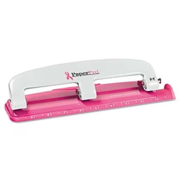 Accentra 2188 12-Sheet Capacity Pink Ribbon Compact Three-Hole Punch; Rubber Base; Pink
