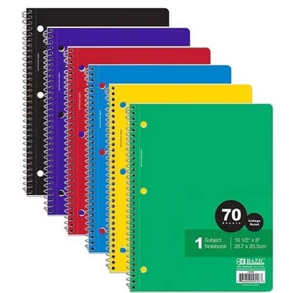 Bazic 558    C/R 70 Ct. 1-Subject Spiral Notebook Case of 24