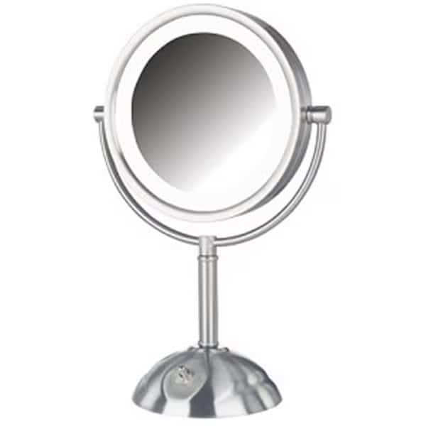 8.5 in., 8X-1X LED Lighted Table Top Mirror, Nickel, Height 16 in.
