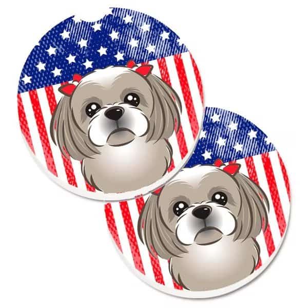 American Flag and Grey Silver Shih Tzu Set of 2 Cup Holder Car Coaster