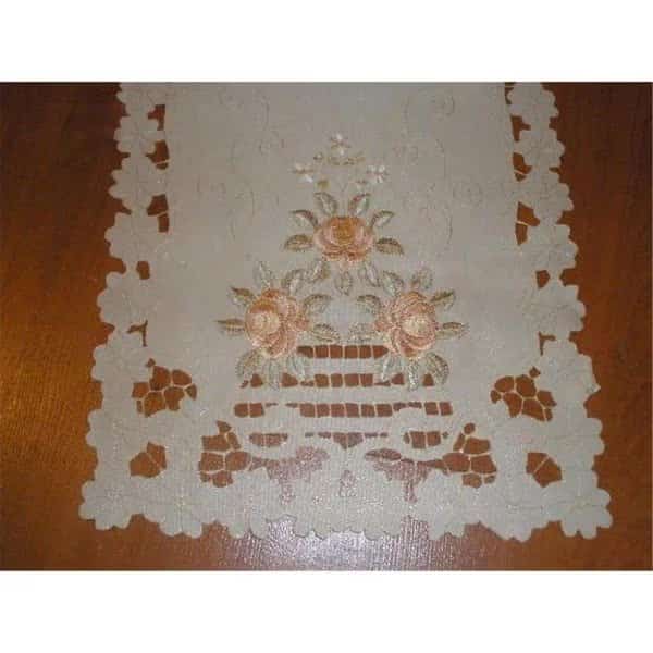 SY07007-1454 14 x 54 in. Embroidered Peach Rose And Lacy Cutwork Table Runner, Ivory