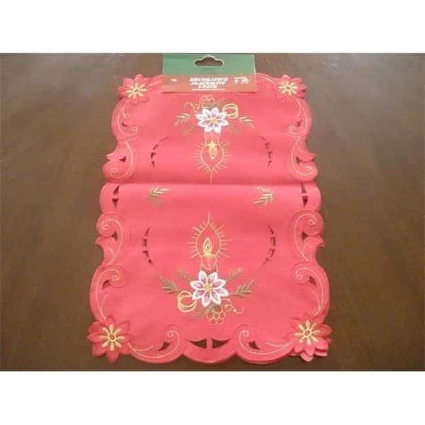Tapestry Trading FQ31719-1454 14 x 54 in. Embroidered Christmas Poinsettia And Candles Cutwork Table Runner; Red