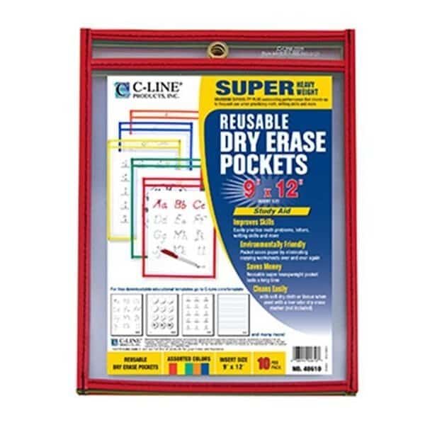 C-Line Products Inc CLI40610 C Line Reusable 10Pk 9X12 Dry Erase Pockets Assorted Primary