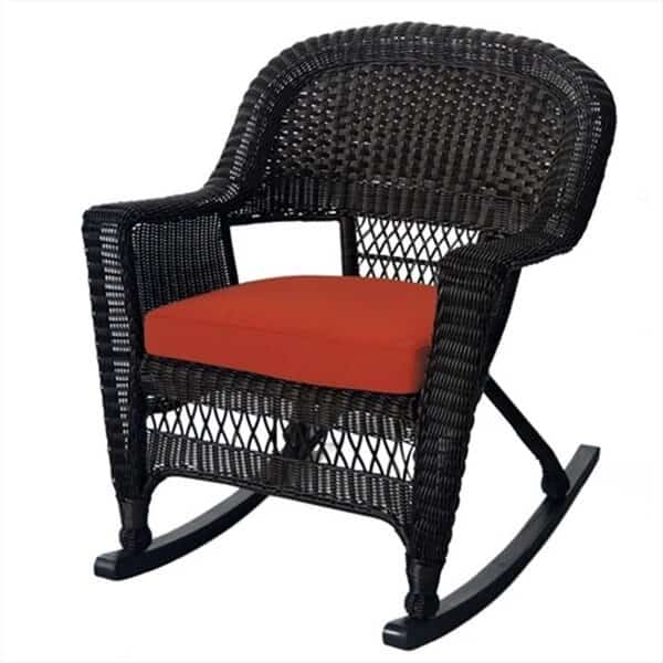 Jeco W00201R-A-2-FS018 Espresso Rocker Wicker Chair With Red Cushion - Set 2