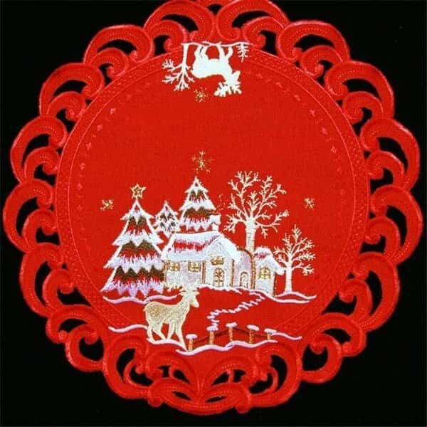 Sinobrite H8837-R Reindeer Red Cloth Round Doily; 8 in.