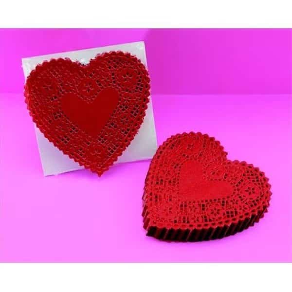 School Smart 085614 Paper Die-Cut Heart Lace Dolly; Red; 4 In. Pack - 100