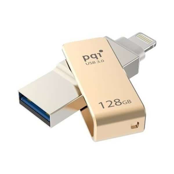 PQI 6I04-128GR2001 iConnect Mini Apple Mfi 128 GB Mobile Flash Drive with Lightning Connector for iPhones; iPads; Ipod; Mac & PC USB 3.0 - Gold