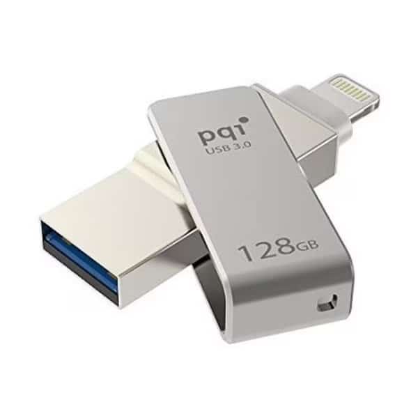 PQI 6I04-128GR1001 iConnect Mini Apple Mfi 128 GB Mobile Flash Drive with Lightning Connector for iPhones; iPads; Mac & PC USB 3.0 - Iron Gray