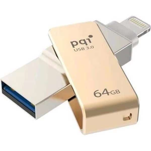 PQI 6I04-064GR2001 iConnect Mini Apple Mfi 64 GB Mobile Flash Drive with Lightning Connector for iPhones; iPads; ipod; Mac & PC USB 3.0 - Gold