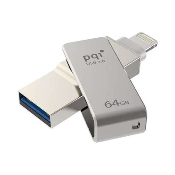 PQI 6I04-064GR1001 iConnect Mini Apple Mfi 64 GB Mobile Flash Drive with Lightning Connector for iPhones; iPads; Mac & PC USB 3.0 - Iron Gray