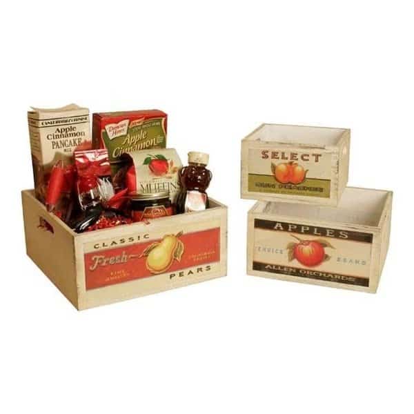 Wald Imports 8115-S3 Square Vintage Fruit Wood Crates with Retro Fruit Artwork; Set of 3