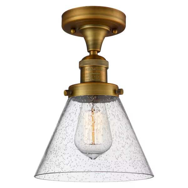 1 Light Large Cone 8In. Brushed Brass Semi-Flush Mount With Seedy Glass, 510775