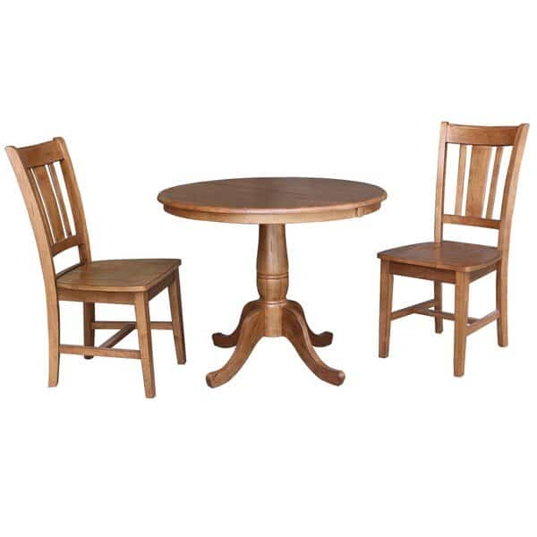 Round 36 in Round Extension Dining Table with 2 Chairs, Distressed Oak, 36 in W, 48 in L, 29.3 in H