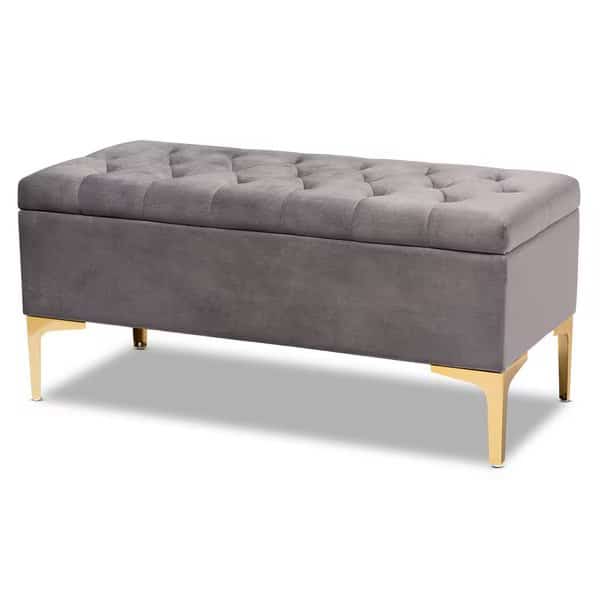 Valere Grey Velvet Upholstered Gold Finished Tufted Storage Ottoman