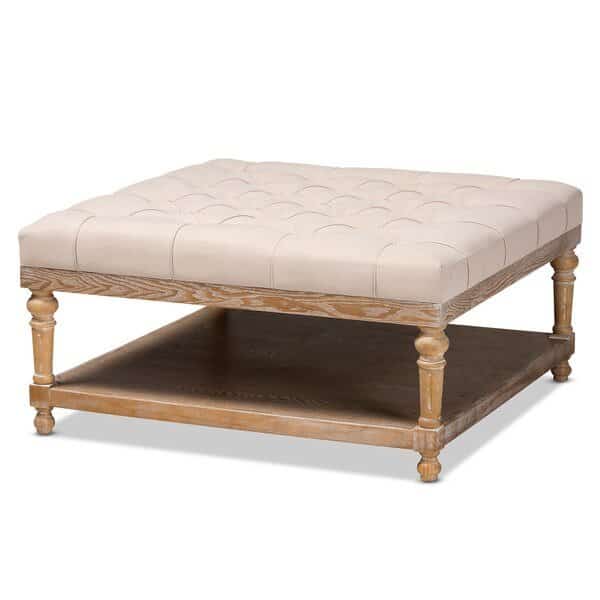 Kelly Beige Linen Upholstered and Greywashed Wood Cocktail Ottoman