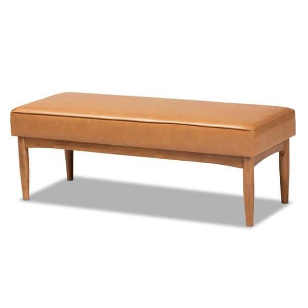 Arvid Mid-Century Modern Tan Faux Leather and Walnut Brown Finished Wood Dining Bench