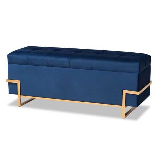 Parker Blue Velvet Upholstered and Gold Metal Storage Ottoman