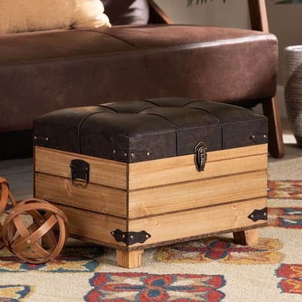 Edmund Transitional Dark Brown Faux Leather Upholstered and Oak Brown Finished Wood Storage Ottoman