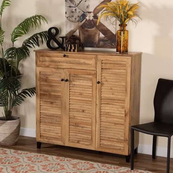 Coolidge ModernOak Brown Finished Wood 3-Door Shoe Storage Cabinet with Drawer