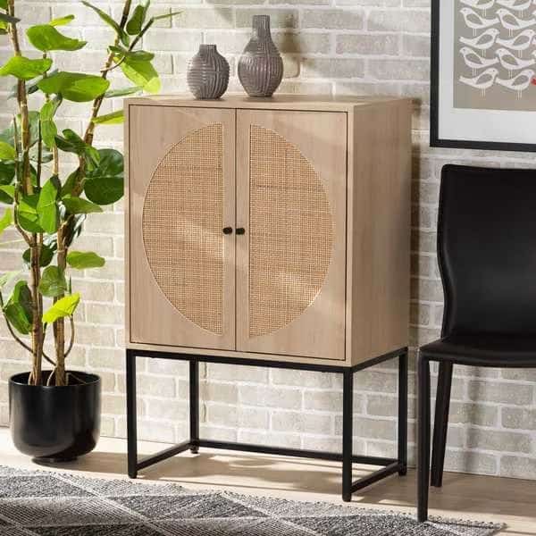 Ardon Bohemian Light Brown Finished Wood and Black Metal 2-Door Storage Cabinet with Natural Rattan
