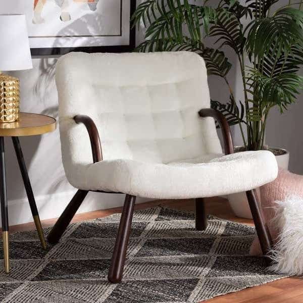 Eisa Modern & Contemporary White Sherpa Upholstered and Walnut Brown Finished Wood Accent Chair