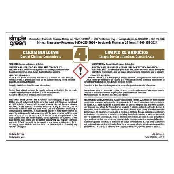 Secondary Bottle Label, Simple Green Clean Building Carpet Cleaner Concentrate 4, Paper, 6 in W