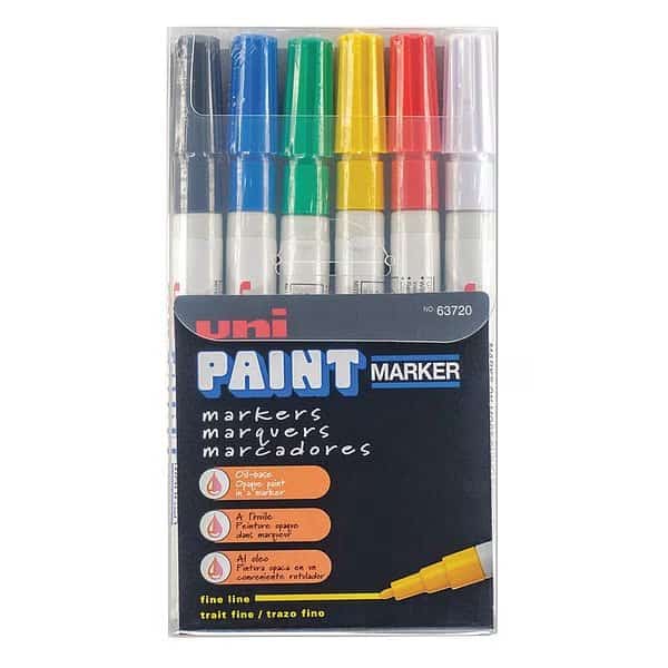 Permanent Marker, Fine Tip, Black, Blue, Green, Red, White, Yellow Color Family, Paint, 6 PK