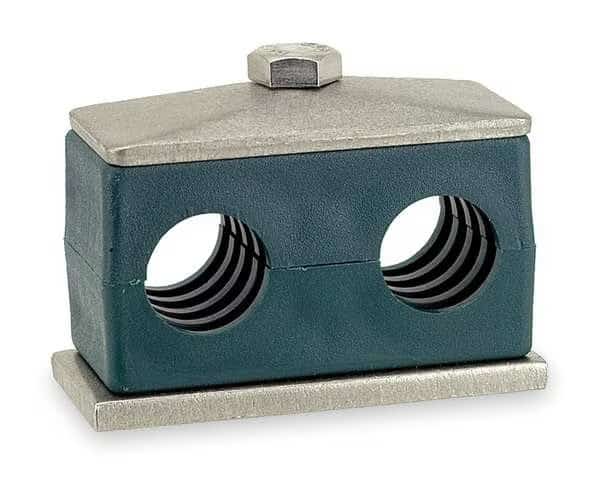 Vibration Dampening Beta Clamp, 3/8 in Pipe, 2 Lines, 3/8 in OD, 1-29/64in W, Ribbed Bore, Steel/Poly